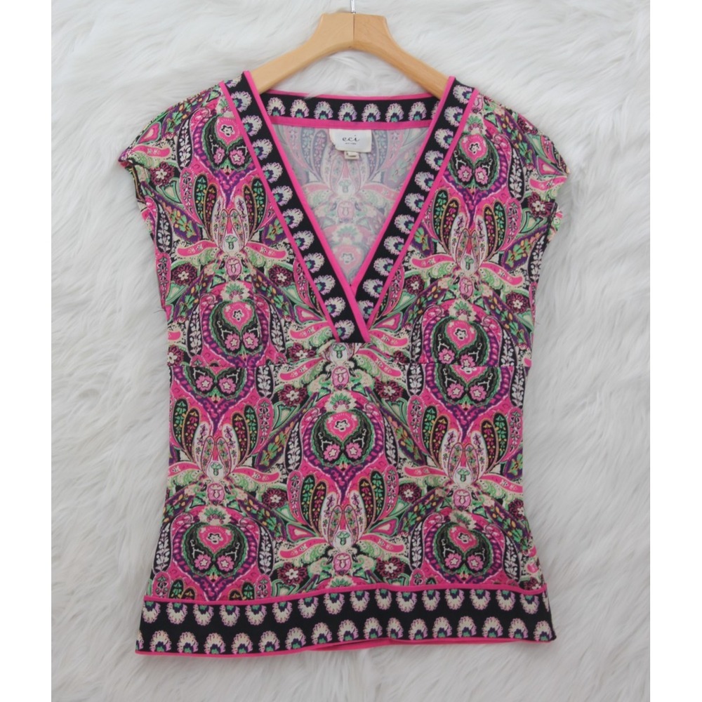 Y2K ECI NY Floral Paisley Tank Top Sleeveless Stretch Pink Black M Maximalist